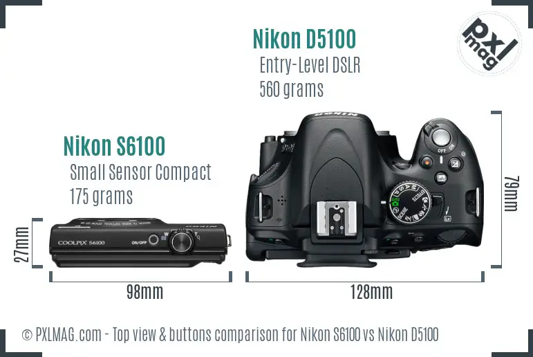 Nikon S6100 vs Nikon D5100 top view buttons comparison