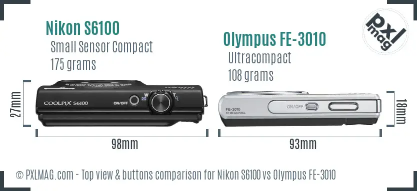 Nikon S6100 vs Olympus FE-3010 top view buttons comparison