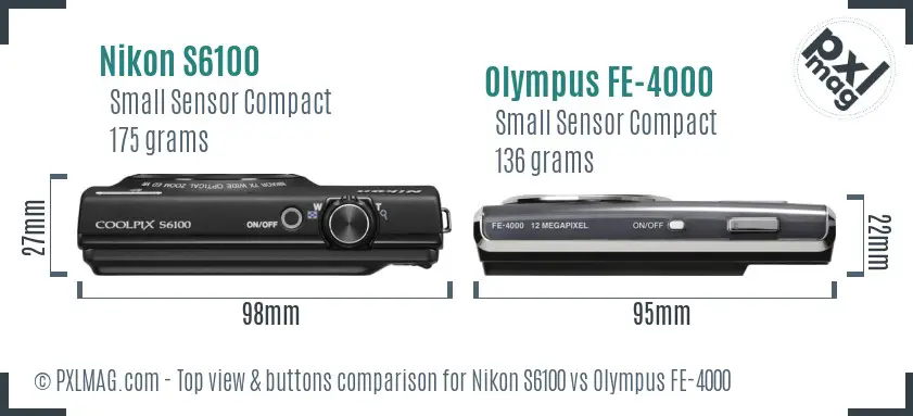 Nikon S6100 vs Olympus FE-4000 top view buttons comparison