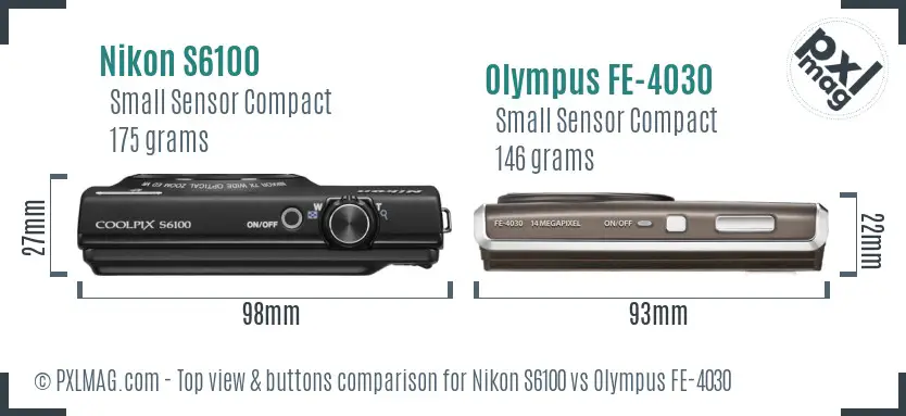 Nikon S6100 vs Olympus FE-4030 top view buttons comparison