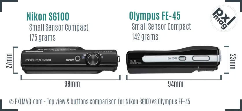 Nikon S6100 vs Olympus FE-45 top view buttons comparison