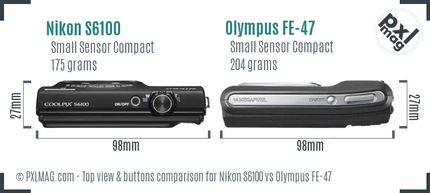 Nikon S6100 vs Olympus FE-47 top view buttons comparison