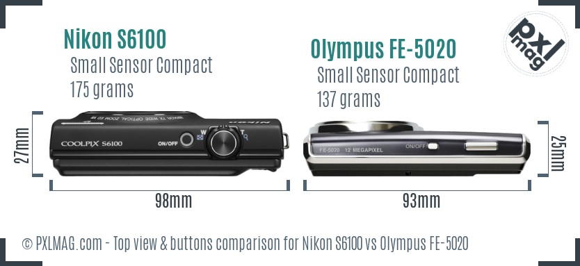 Nikon S6100 vs Olympus FE-5020 top view buttons comparison