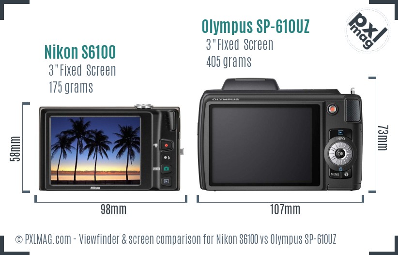 Nikon S6100 vs Olympus SP-610UZ Screen and Viewfinder comparison