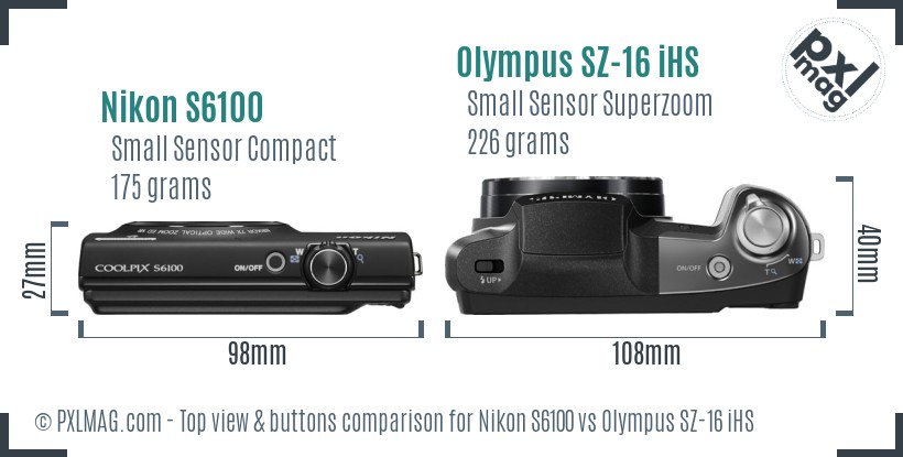 Nikon S6100 vs Olympus SZ-16 iHS top view buttons comparison