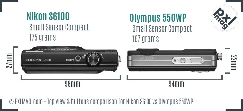 Nikon S6100 vs Olympus 550WP top view buttons comparison Nikon S6100 vs Olympus 550WP top view buttons comparison