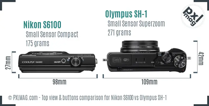 Nikon S6100 vs Olympus SH-1 top view buttons comparison