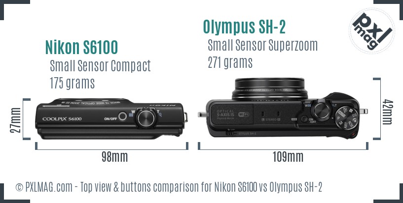 Nikon S6100 vs Olympus SH-2 top view buttons comparison