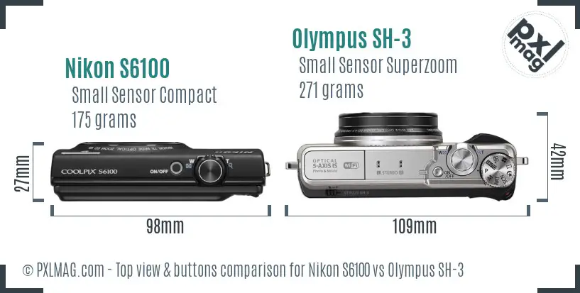 Nikon S6100 vs Olympus SH-3 top view buttons comparison Nikon S6100 vs Olympus SH-3 top view buttons comparison