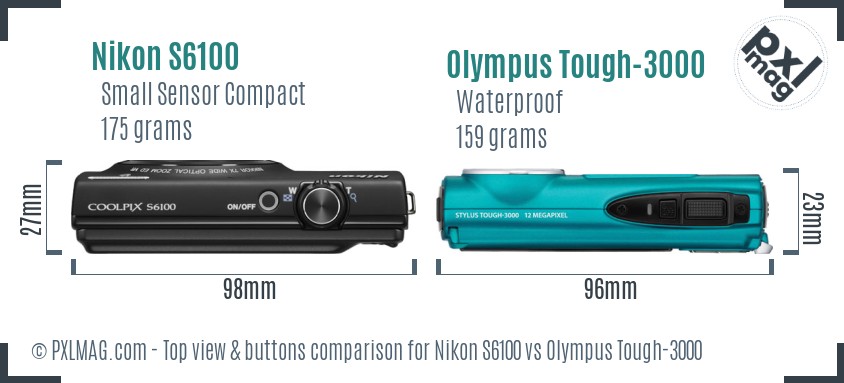 Nikon S6100 vs Olympus Tough-3000 top view buttons comparison
