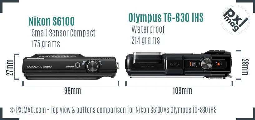 Nikon S6100 vs Olympus TG-830 iHS top view buttons comparison Nikon S6100 vs Olympus TG-830 iHS top view buttons comparison