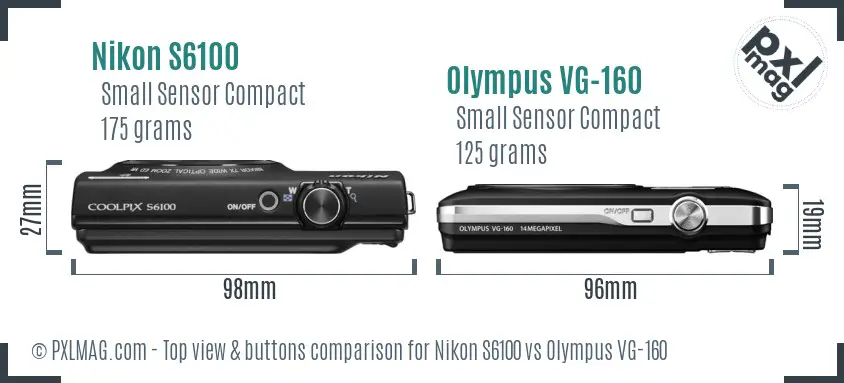 Nikon S6100 vs Olympus VG-160 top view buttons comparison