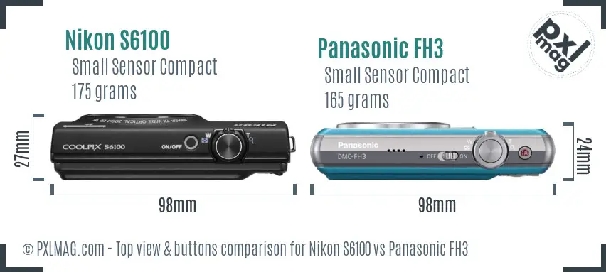 Nikon S6100 vs Panasonic FH3 top view buttons comparison