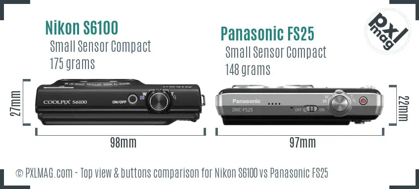 Nikon S6100 vs Panasonic FS25 top view buttons comparison Nikon S6100 vs Panasonic FS25 top view buttons comparison