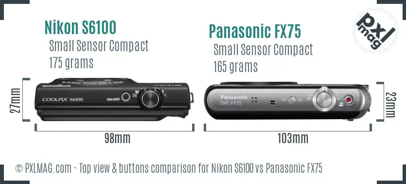 Nikon S6100 vs Panasonic FX75 top view buttons comparison