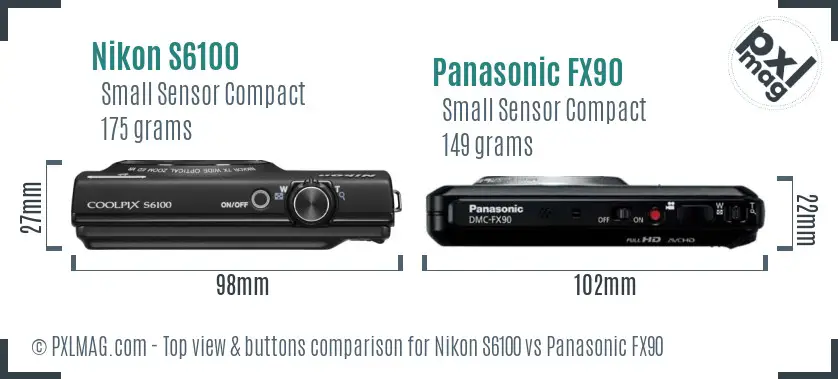 Nikon S6100 vs Panasonic FX90 top view buttons comparison