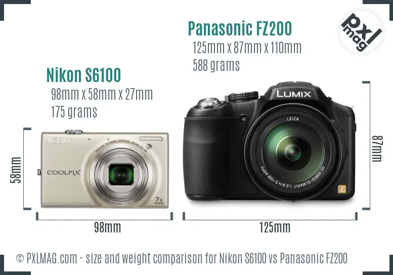 Nikon S6100 vs Panasonic FZ200 size comparison
