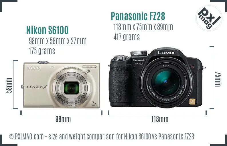 Nikon S6100 vs Panasonic FZ28 size comparison