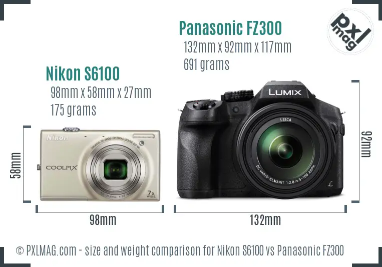 Nikon S6100 vs Panasonic FZ300 size comparison