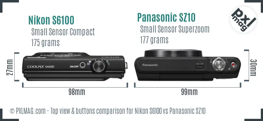 Nikon S6100 vs Panasonic SZ10 top view buttons comparison Nikon S6100 vs Panasonic SZ10 top view buttons comparison