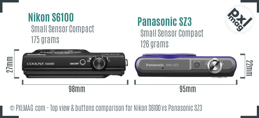 Nikon S6100 vs Panasonic SZ3 top view buttons comparison