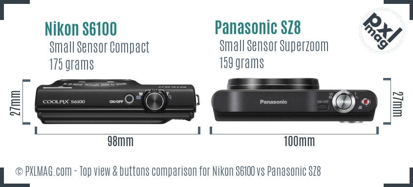 Nikon S6100 vs Panasonic SZ8 top view buttons comparison