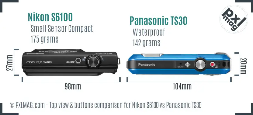 Nikon S6100 vs Panasonic TS30 top view buttons comparison Nikon S6100 vs Panasonic TS30 top view buttons comparison