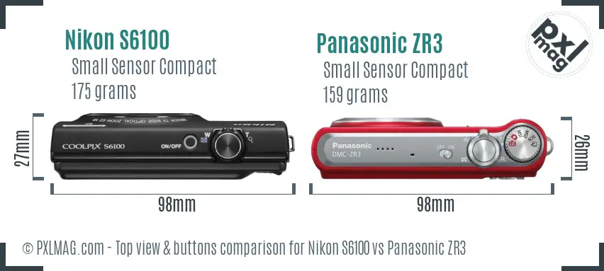 Nikon S6100 vs Panasonic ZR3 top view buttons comparison Nikon S6100 vs Panasonic ZR3 top view buttons comparison