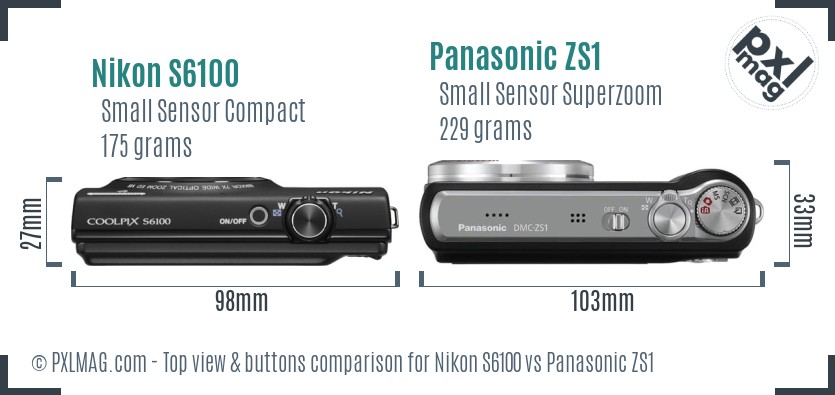 Nikon S6100 vs Panasonic ZS1 top view buttons comparison