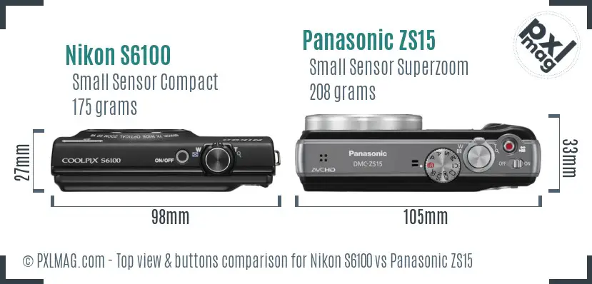Nikon S6100 vs Panasonic ZS15 top view buttons comparison Nikon S6100 vs Panasonic ZS15 top view buttons comparison
