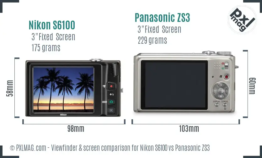 Nikon S6100 vs Panasonic ZS3 Screen and Viewfinder comparison