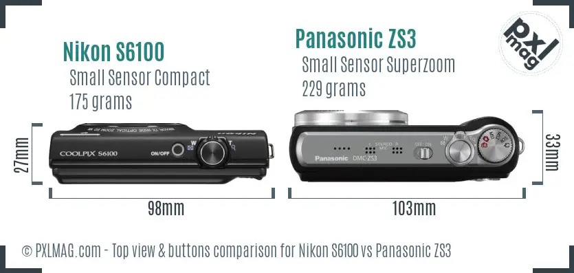 Nikon S6100 vs Panasonic ZS3 top view buttons comparison