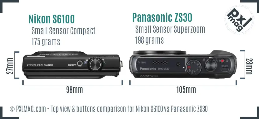 Nikon S6100 vs Panasonic ZS30 top view buttons comparison