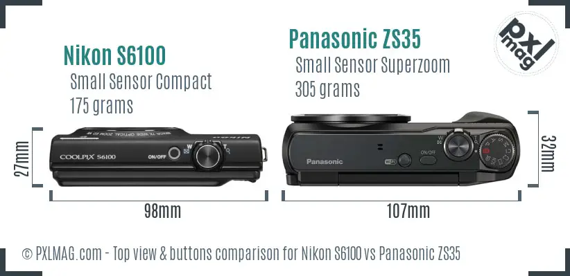 Nikon S6100 vs Panasonic ZS35 top view buttons comparison Nikon S6100 vs Panasonic ZS35 top view buttons comparison