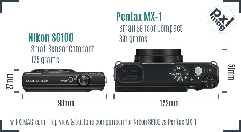 Nikon S6100 vs Pentax MX-1 top view buttons comparison