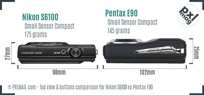 Nikon S6100 vs Pentax E90 top view buttons comparison Nikon S6100 vs Pentax E90 top view buttons comparison