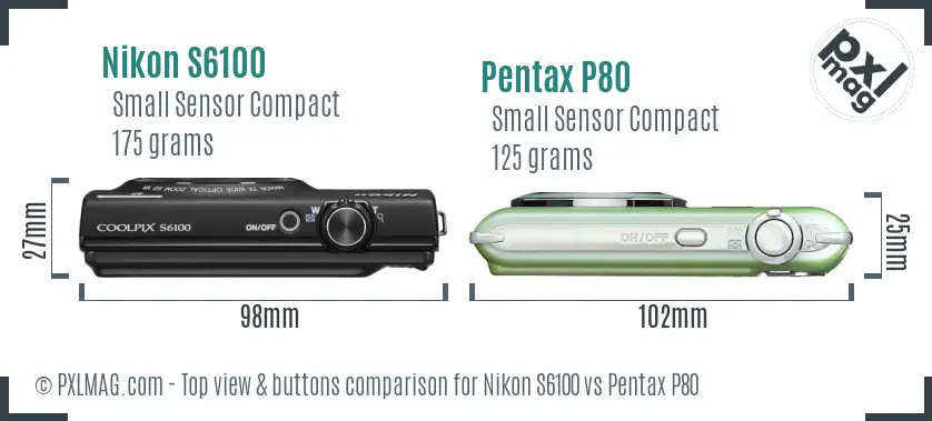Nikon S6100 vs Pentax P80 top view buttons comparison Nikon S6100 vs Pentax P80 top view buttons comparison