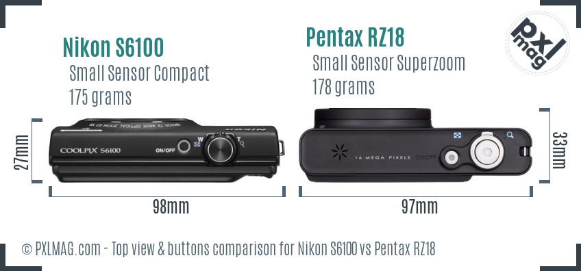 Nikon S6100 vs Pentax RZ18 top view buttons comparison