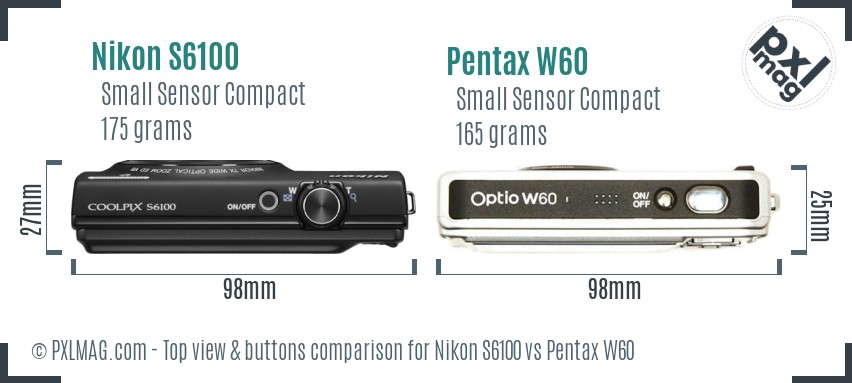 Nikon S6100 vs Pentax W60 top view buttons comparison