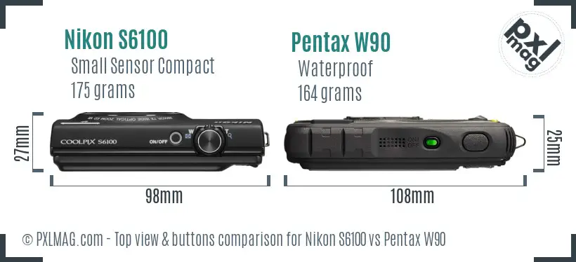 Nikon S6100 vs Pentax W90 top view buttons comparison