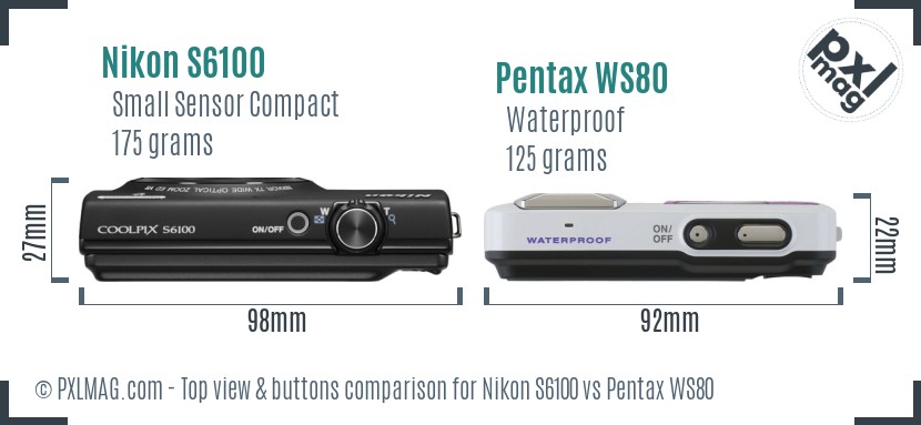 Nikon S6100 vs Pentax WS80 top view buttons comparison