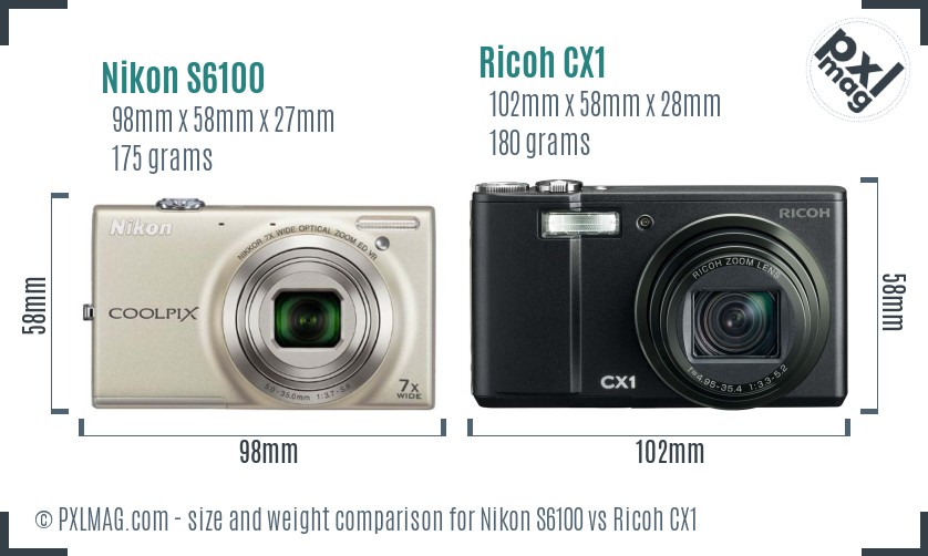 Nikon S6100 vs Ricoh CX1 size comparison