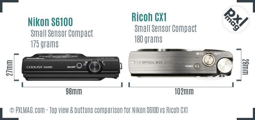 Nikon S6100 vs Ricoh CX1 top view buttons comparison