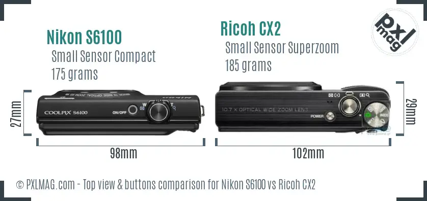 Nikon S6100 vs Ricoh CX2 top view buttons comparison