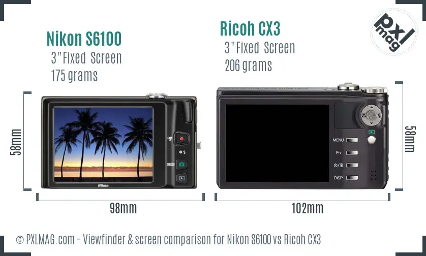 Nikon S6100 vs Ricoh CX3 Screen and Viewfinder comparison