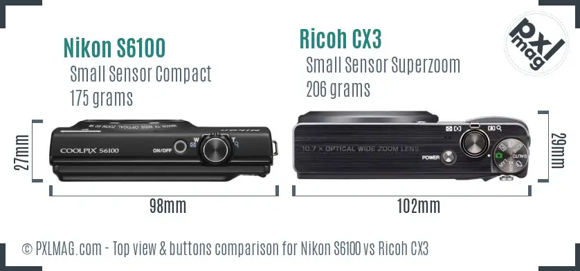 Nikon S6100 vs Ricoh CX3 top view buttons comparison