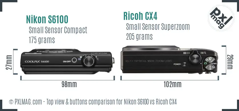 Nikon S6100 vs Ricoh CX4 top view buttons comparison