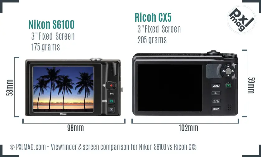 Nikon S6100 vs Ricoh CX5 Screen and Viewfinder comparison
