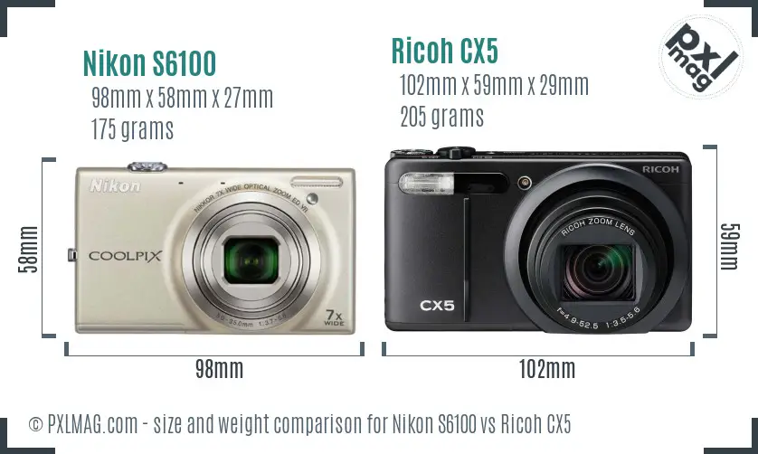 Nikon S6100 vs Ricoh CX5 size comparison