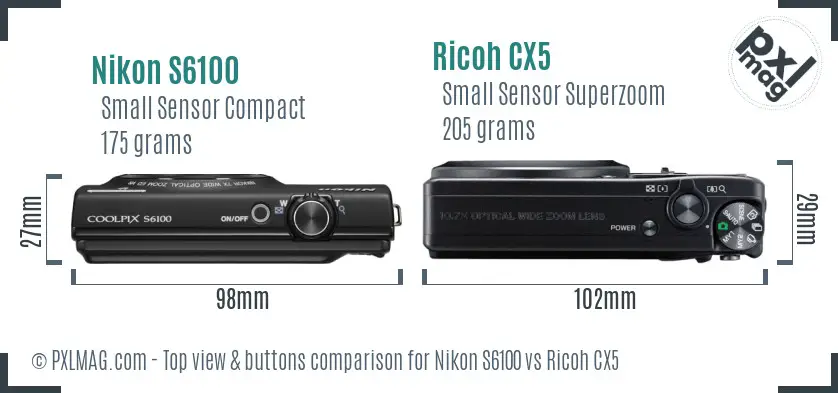 Nikon S6100 vs Ricoh CX5 top view buttons comparison
